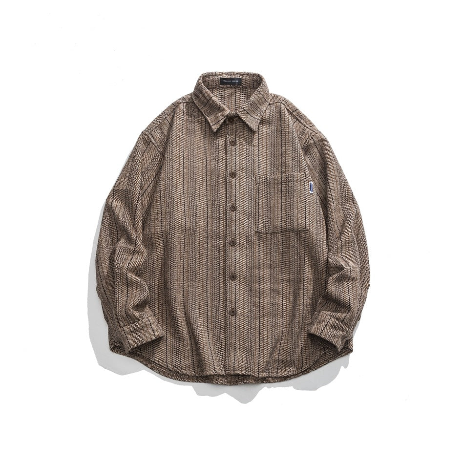 Brown vertical-striped textured long-sleeve button-up shirt with chest pocket, flat lay front view