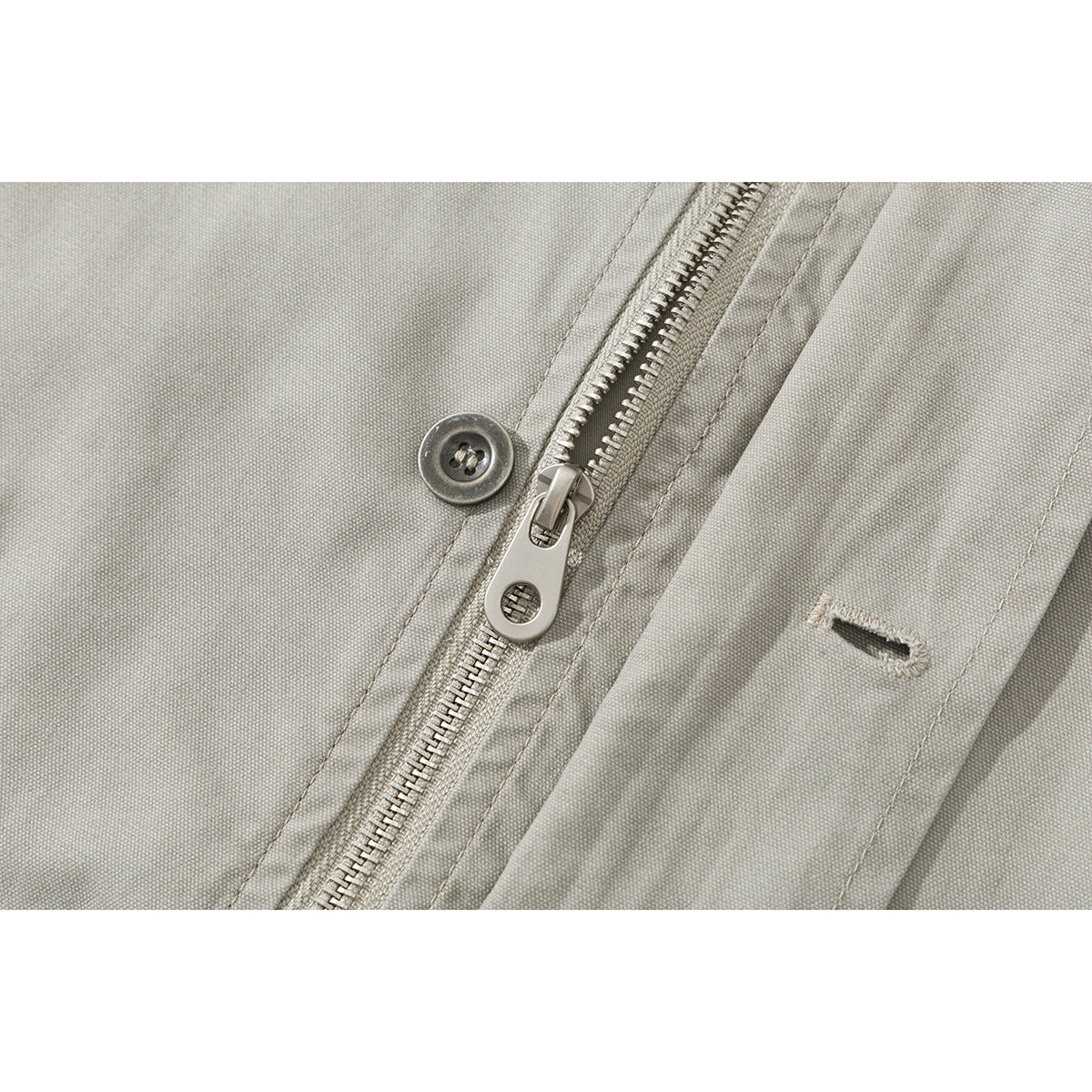 Close-up of a light gray jacket's front zipper, button, and stitched buttonhole.