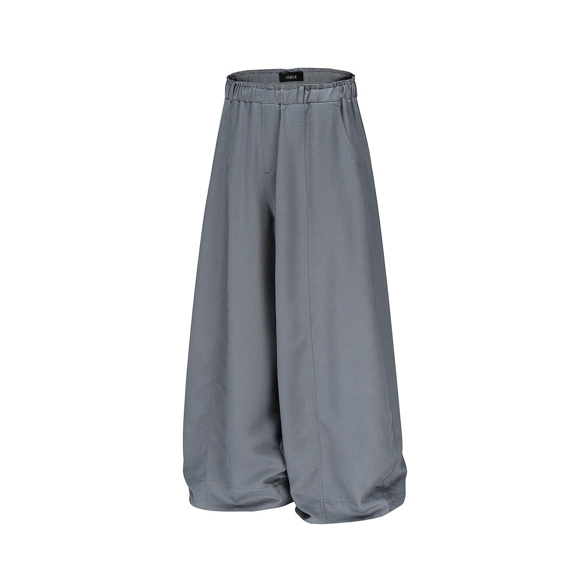 Gray-blue wide-leg trousers, flat front view with elastic waistband and side pockets
