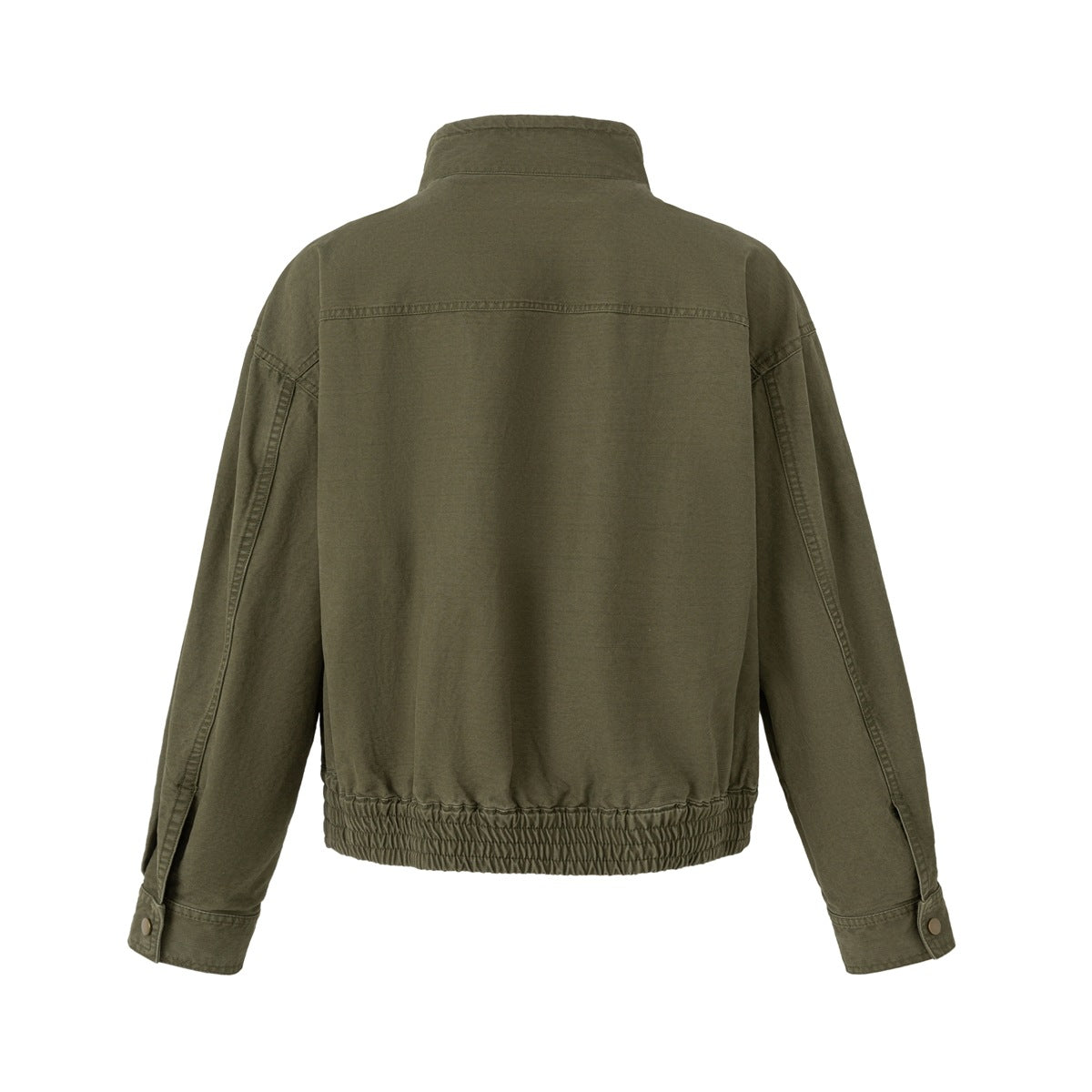 Back view of an olive jacket with a stand collar, long sleeves, button cuffs and a gathered elasticated hem.