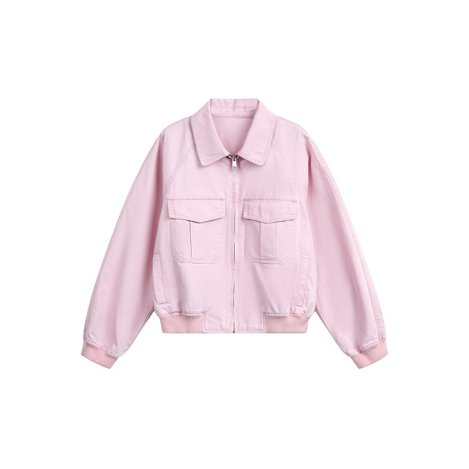 Pink cropped zip jacket with pointed collar, two flap chest pockets and ribbed cuffs and hem, flat lay