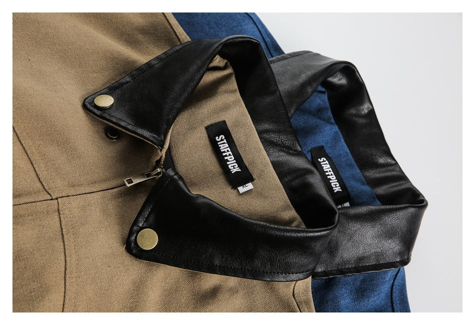 Close-up of tan and blue jackets showing black collars, brass snaps, zippers, and sewn-in labels.