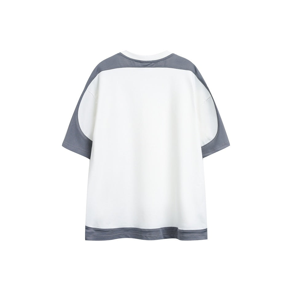 Back view of a white T-shirt with gray shoulder, sleeve, and hem panels.