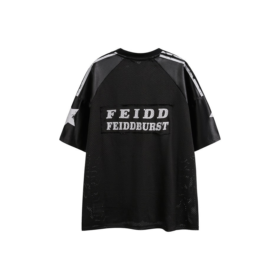 Back of a black mesh jersey with gray shoulder stripes, star sleeve graphics, and a large two-line text graphic.