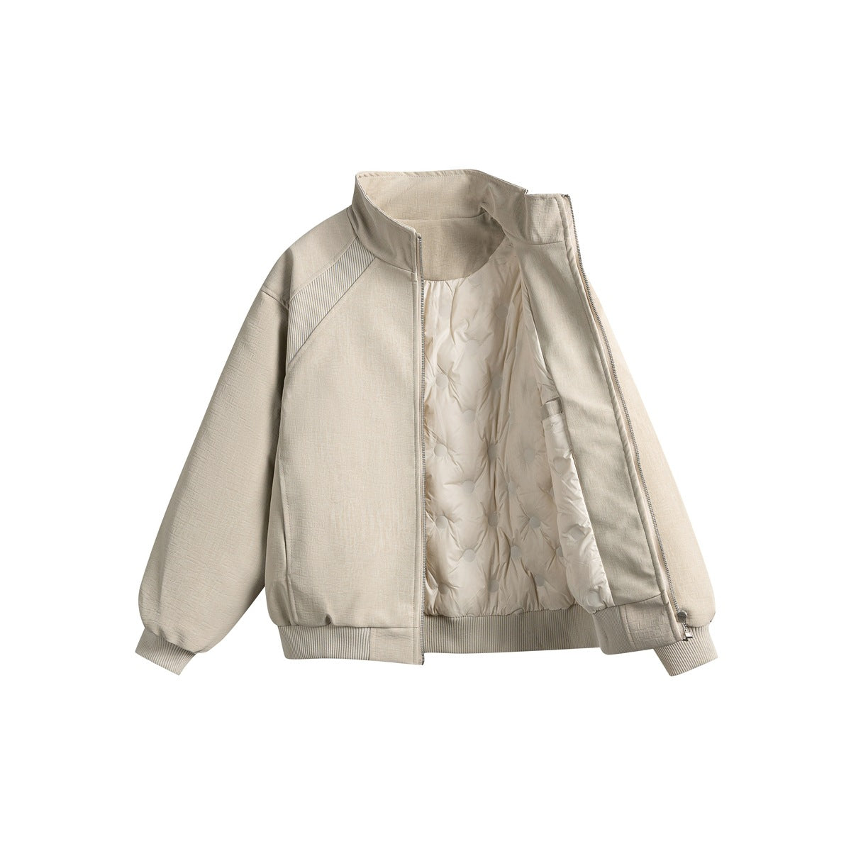Ivory zip-up jacket shown open, revealing a patterned light lining and ribbed trim.