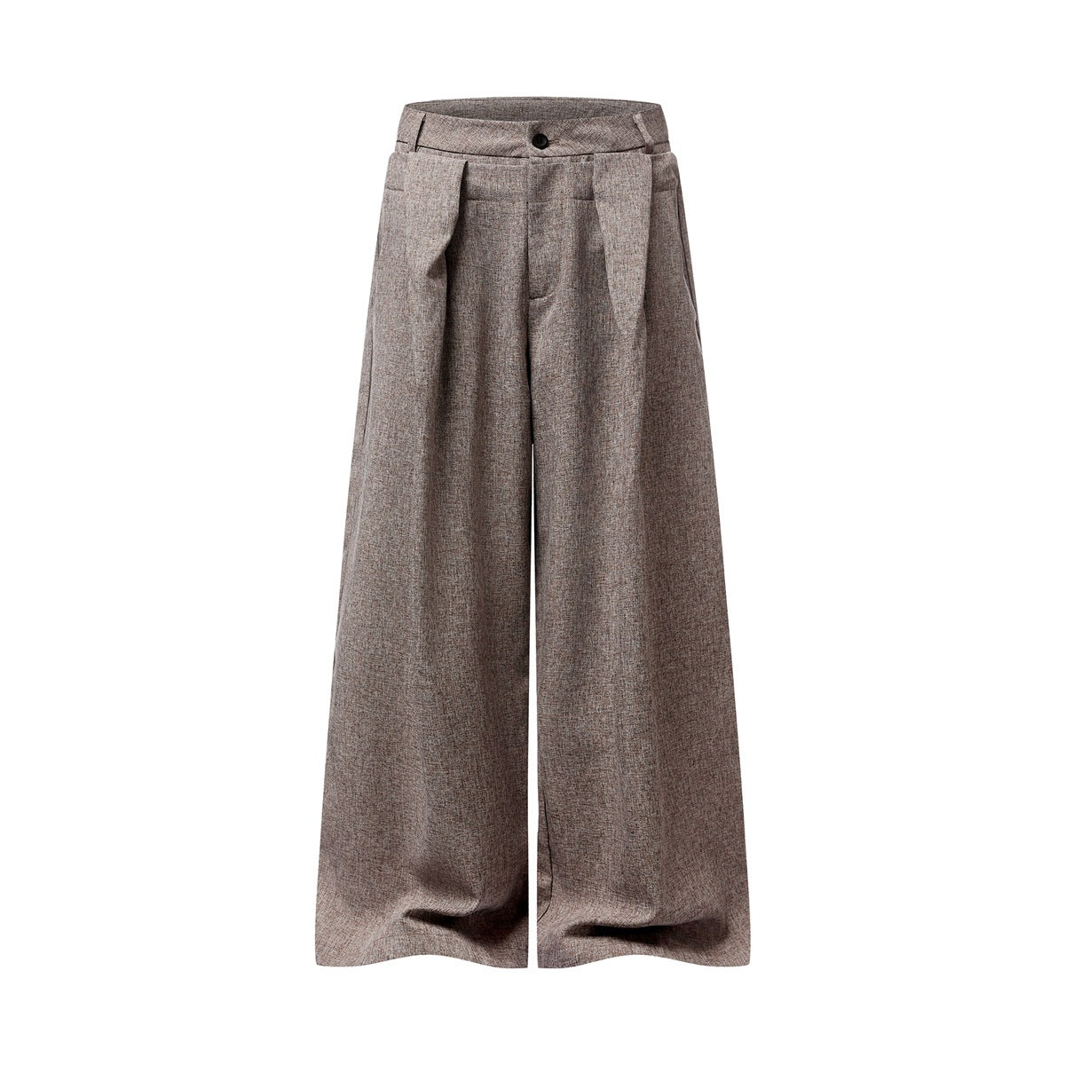 Brown-pink heathered wide-leg pleated trousers with high button waistband, flat-lay front view