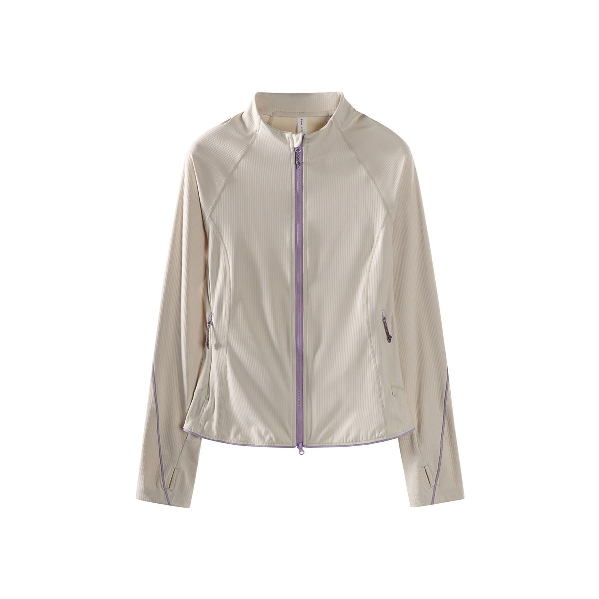 Light khaki women's zip-up jacket with purple zipper and piping, stand collar and thumb holes, flat front view
