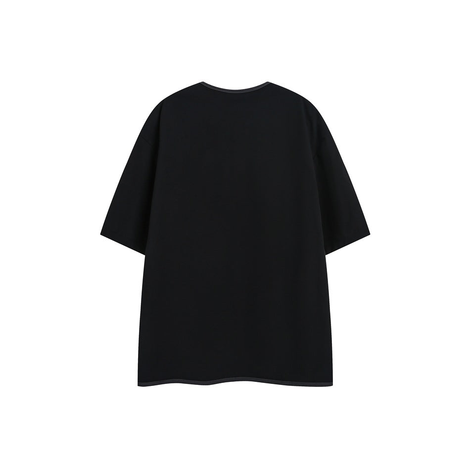 Back view of black short-sleeve shirt with plain back and dark gray contrast piping at neckline and hem