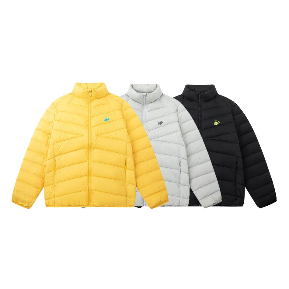 Three front-view quilted jackets in yellow, light gray, and black, each with a stand collar and full zipper.
