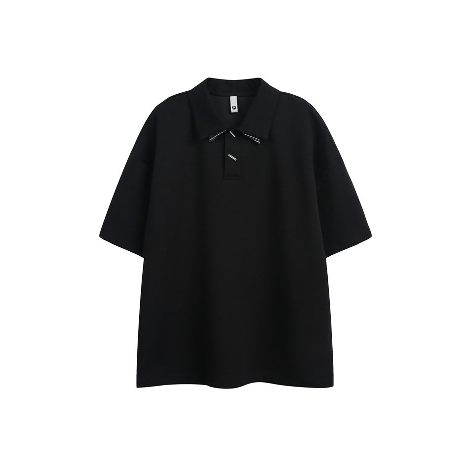 Black short-sleeve polo top with folded collar, two-button placket and striped bow-like collar detail, flat front view