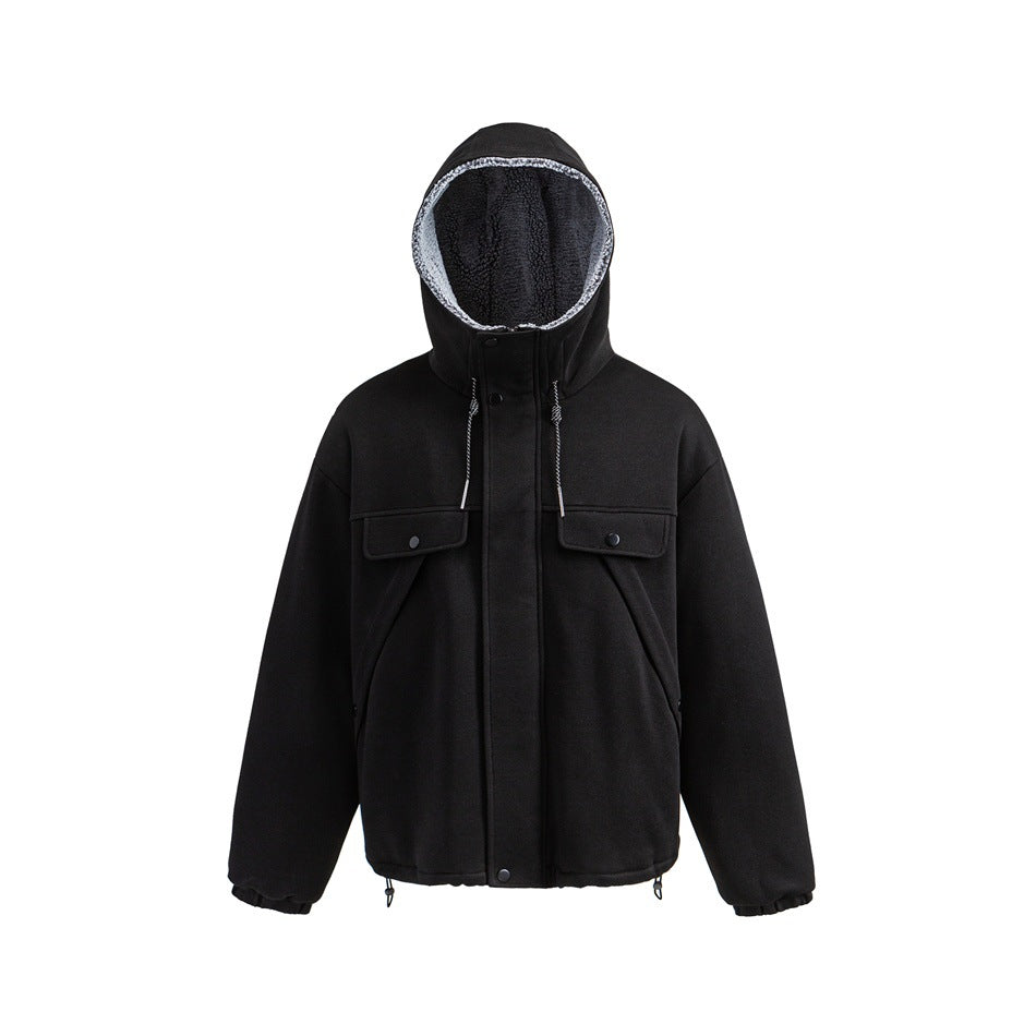 Black hooded jacket front view with chest flap pockets, drawcords and a fleece-like textured hood lining
