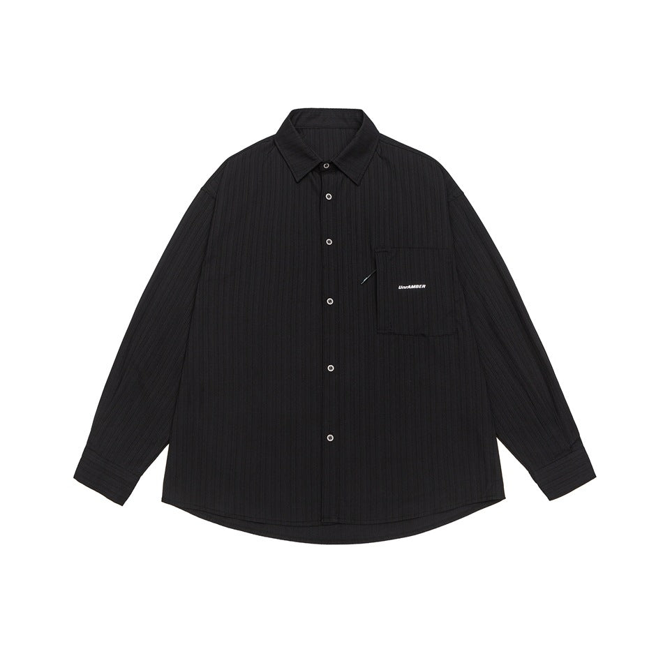 Black long-sleeve striped button-up shirt with collar and chest pocket, flat front view
