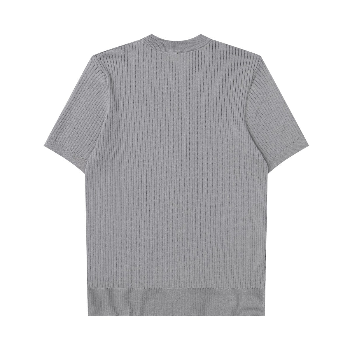 Back view of a light gray short-sleeve ribbed knit crew-neck T-shirt laid flat.
