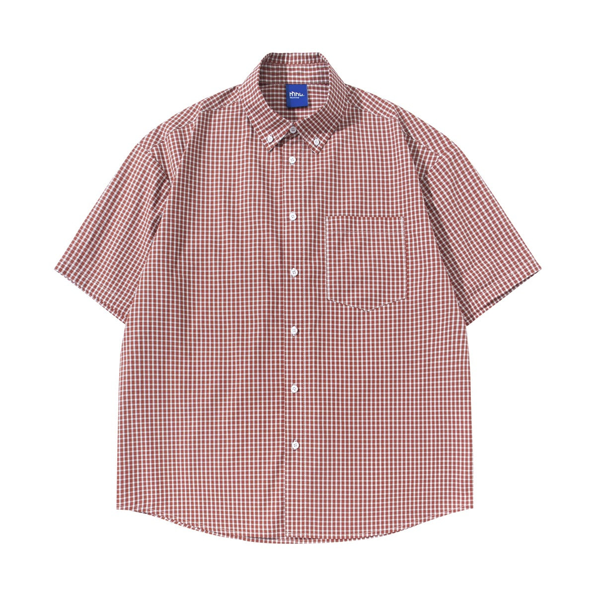 Red and white small-check short-sleeve button-down shirt with chest pocket, flat front view