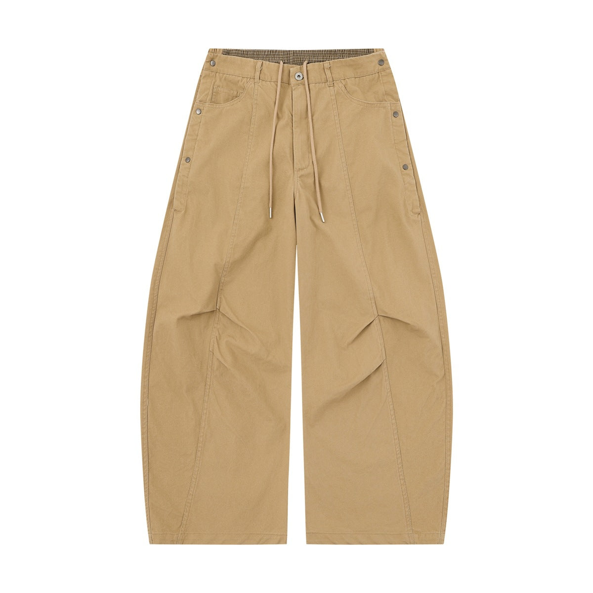 Khaki wide-leg drawstring pants flat lay with side snap studs and knee pleats