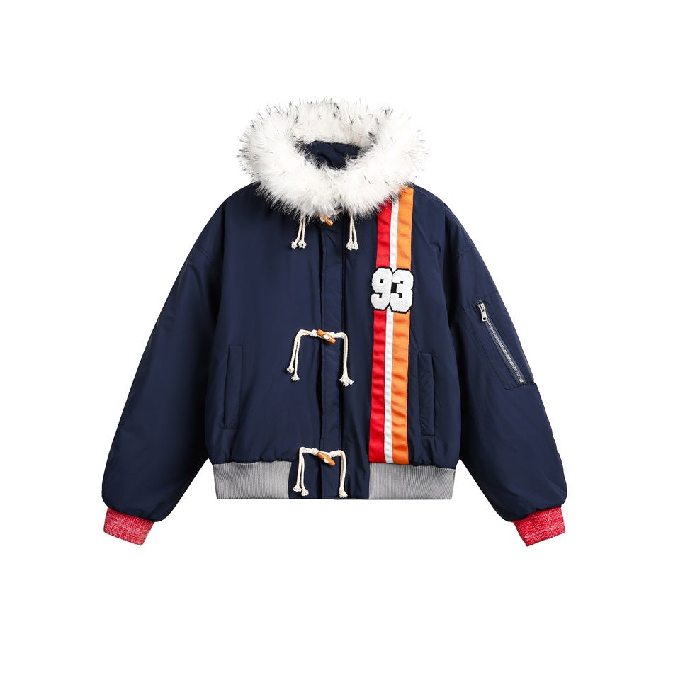 Navy hooded jacket with white fluffy hood trim, toggle ropes, red-white-orange stripe, 93 patch and gray ribbed hem