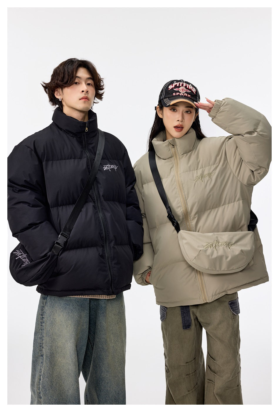 Two models wearing puffer jackets with matching crossbody bags, one black and one taupe.