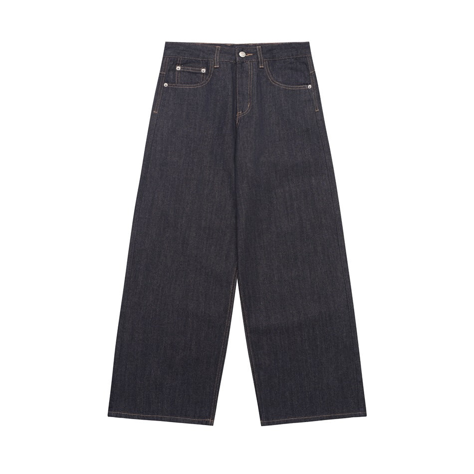 Front view of dark indigo wide-leg jeans with a button waist, front pockets, coin pocket, and contrast stitching.