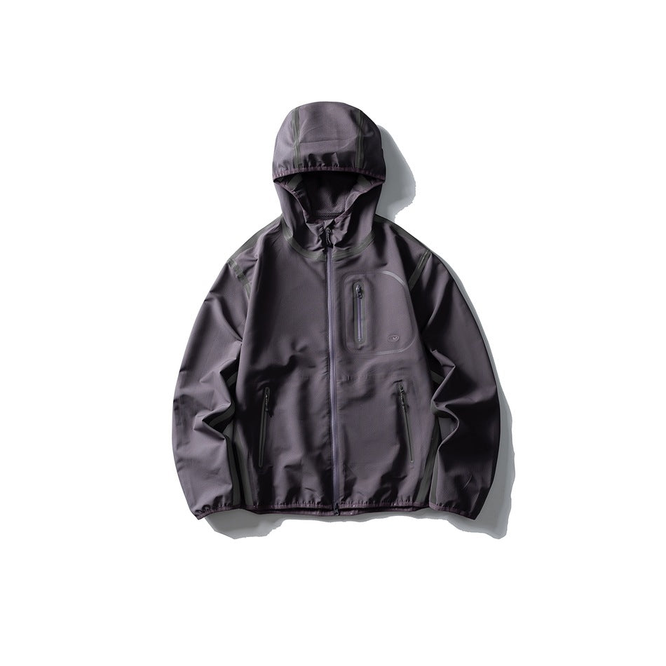 Muted purple hooded zip jacket flat lay with dark contrast tape and zip pockets