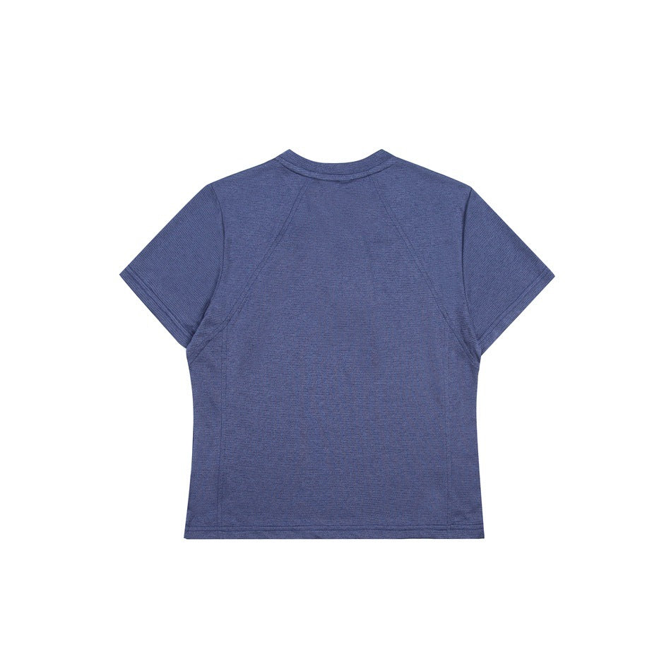 Flat view of the back of a blue short-sleeve shirt with raglan-style panel seams.