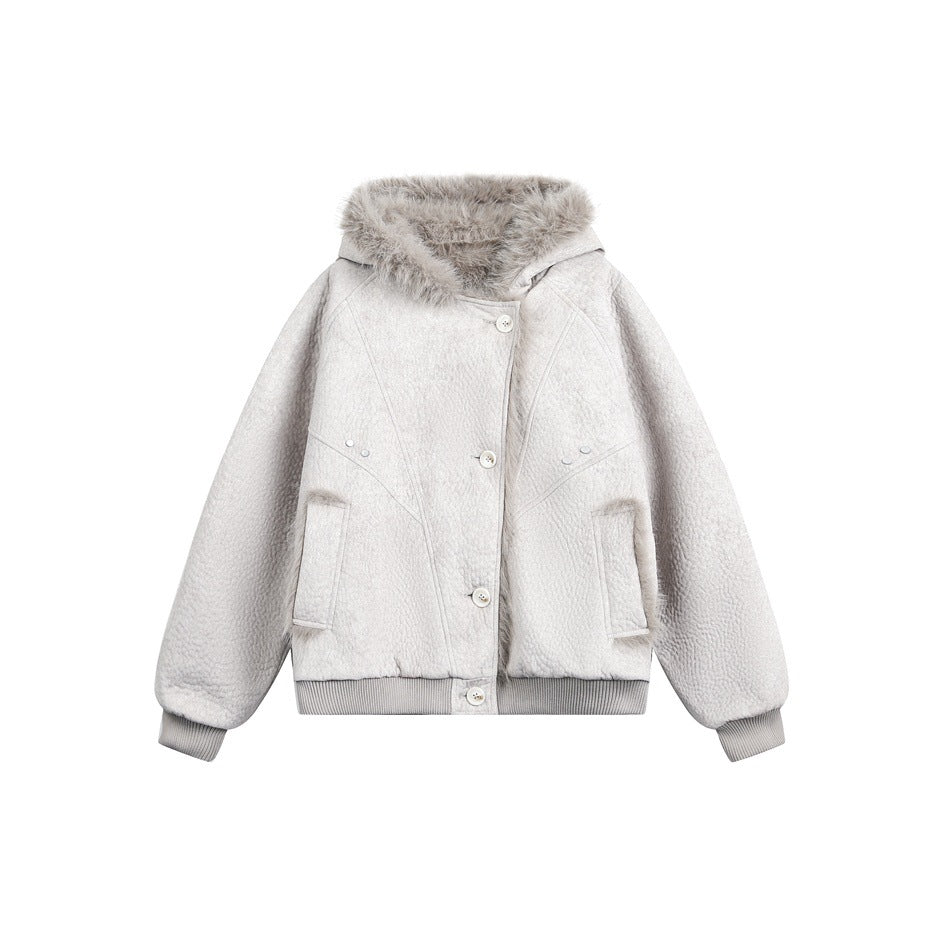 Light gray hooded jacket with textured fabric, fluffy fur-like hood lining, button front and ribbed cuffs, flat lay