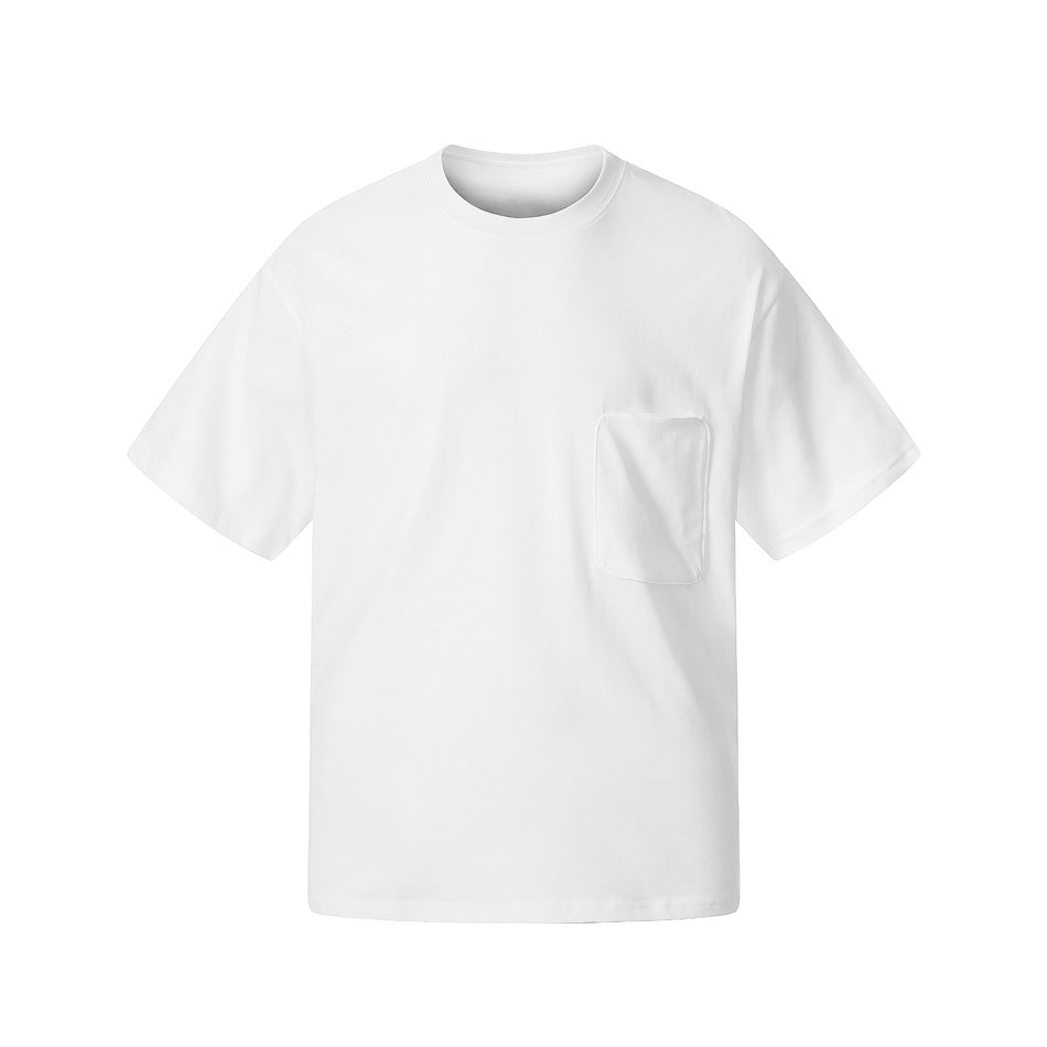 White short-sleeve crew-neck T-shirt with chest patch pocket, flat front view