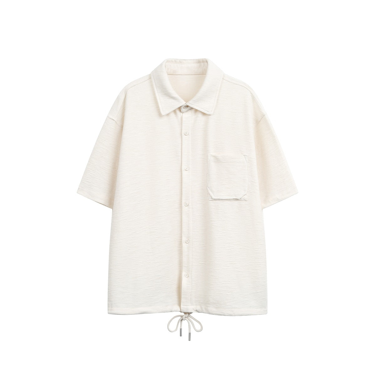Beige short-sleeve button-up shirt with chest pocket and drawstring hem, flat front view