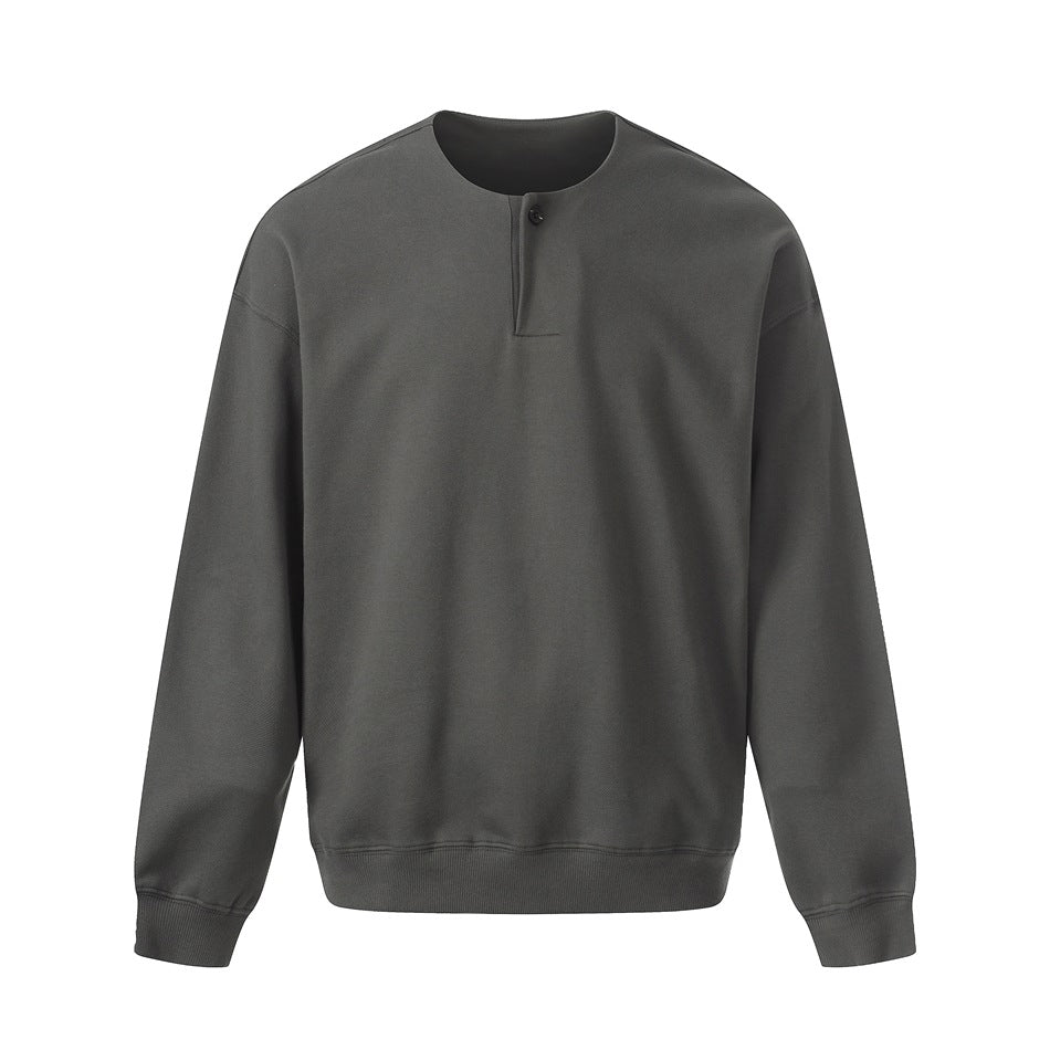 Gray long-sleeve sweatshirt with round neckline, single-button placket and ribbed cuffs and hem, flat front view