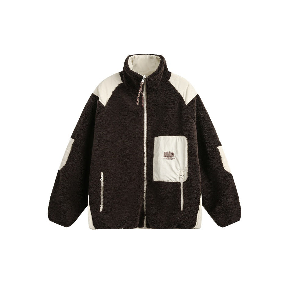 Dark brown fleece-like zip jacket with cream shoulder panels, chest patch pocket and zippered pockets, front view