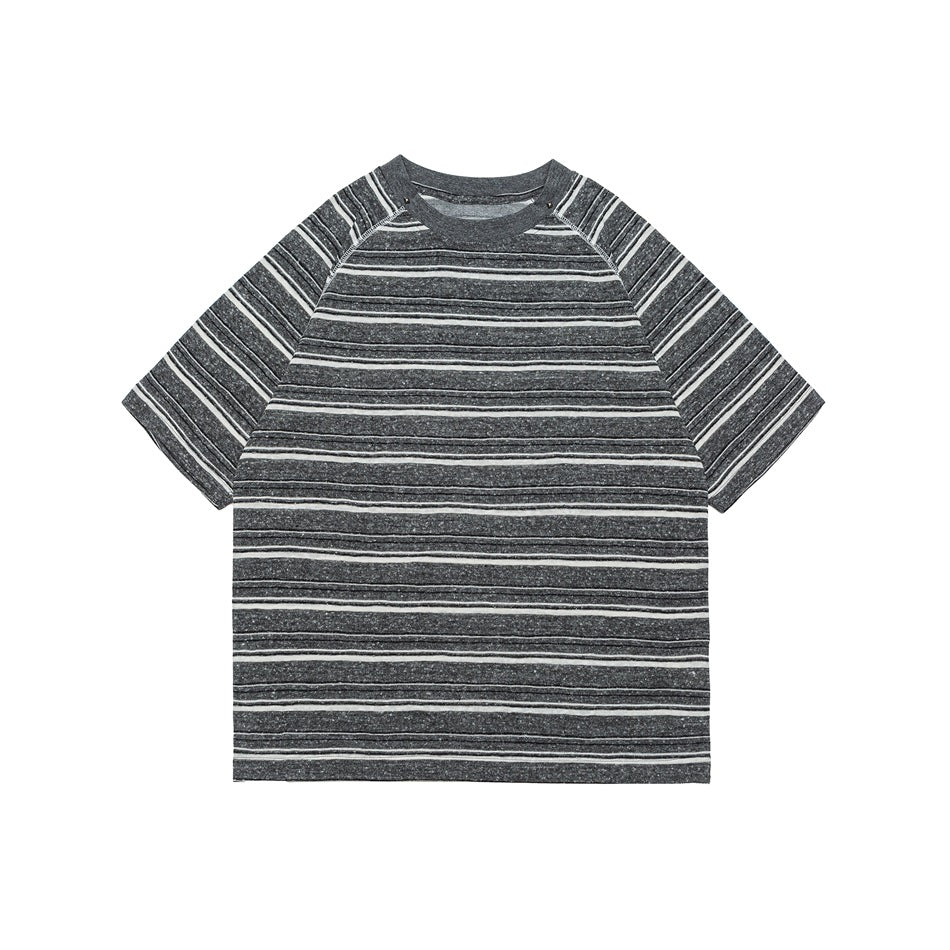 Front view of a charcoal gray short-sleeve shirt with thin white horizontal stripes and raglan sleeves.