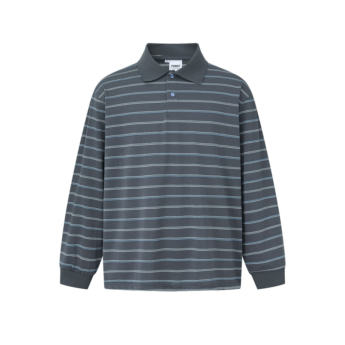 Gray long-sleeve polo shirt with thin white and blue stripes, ribbed collar and two blue buttons, front flat view