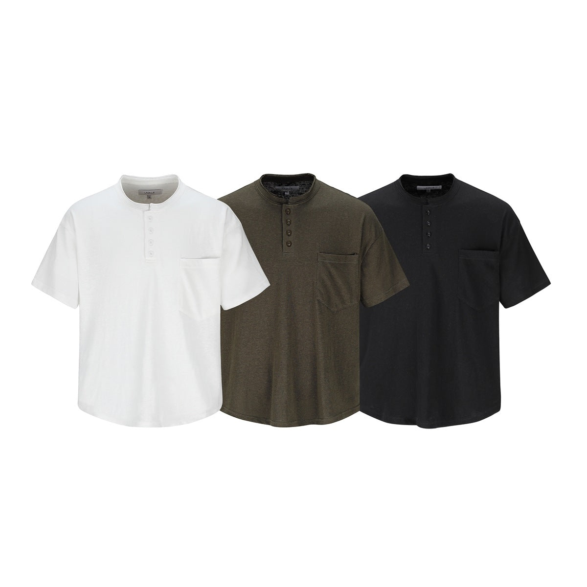 Three short-sleeve Henley shirts with chest pockets shown in white, dark olive, and black.