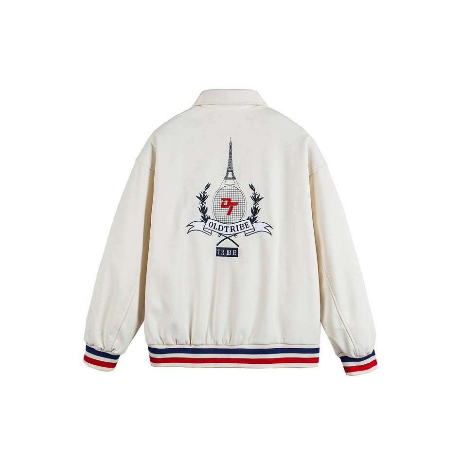 Off-white varsity-style jacket, back view, with embroidered Eiffel Tower and tennis racket crest and striped ribbed trim