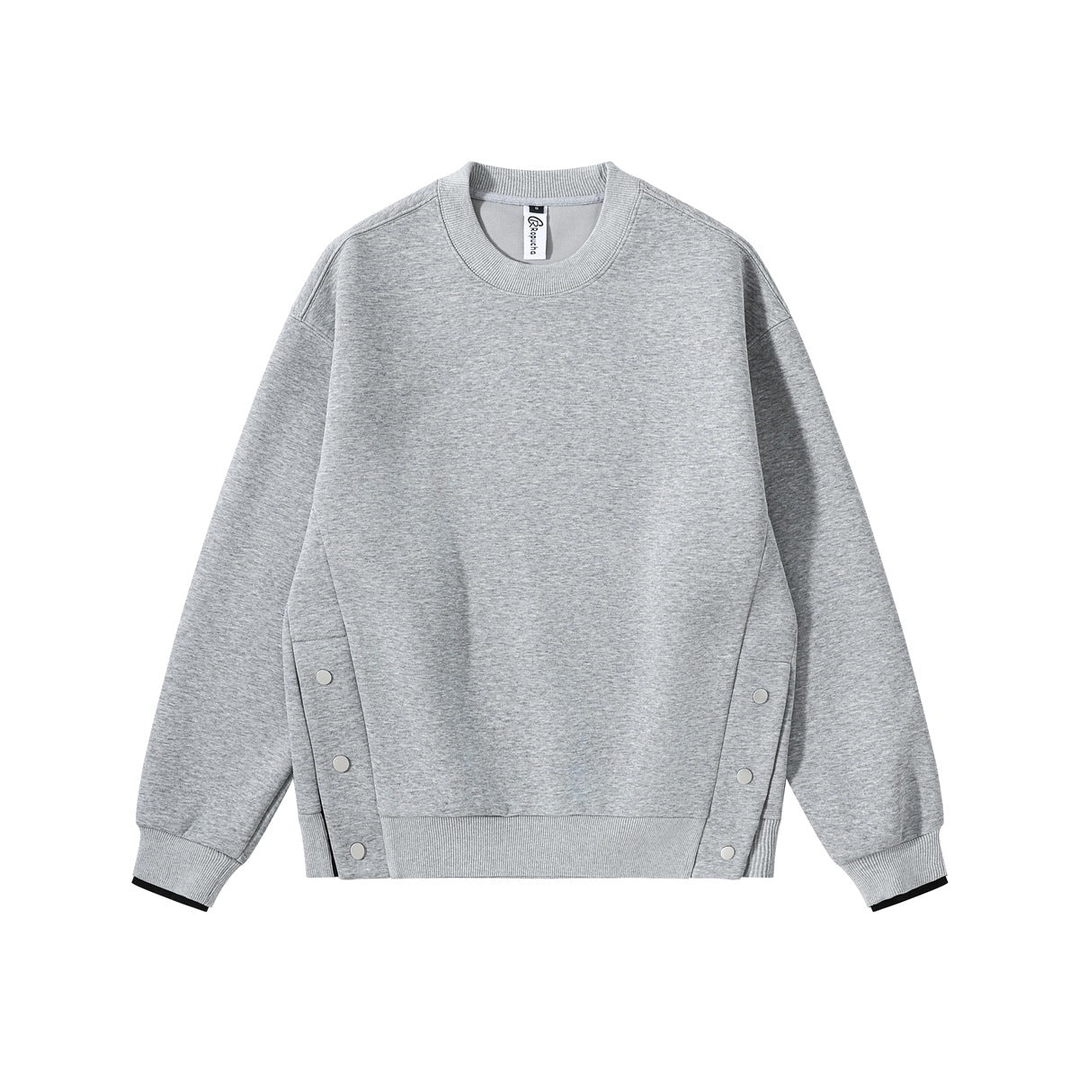 Heather gray crew-neck sweatshirt flat lay with side snap buttons and black trim at the cuff edge