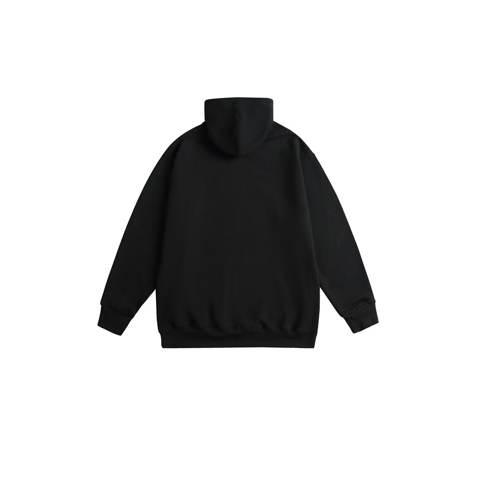 Back view of a plain black pullover hoodie with a hood, ribbed cuffs, and ribbed hem on white.