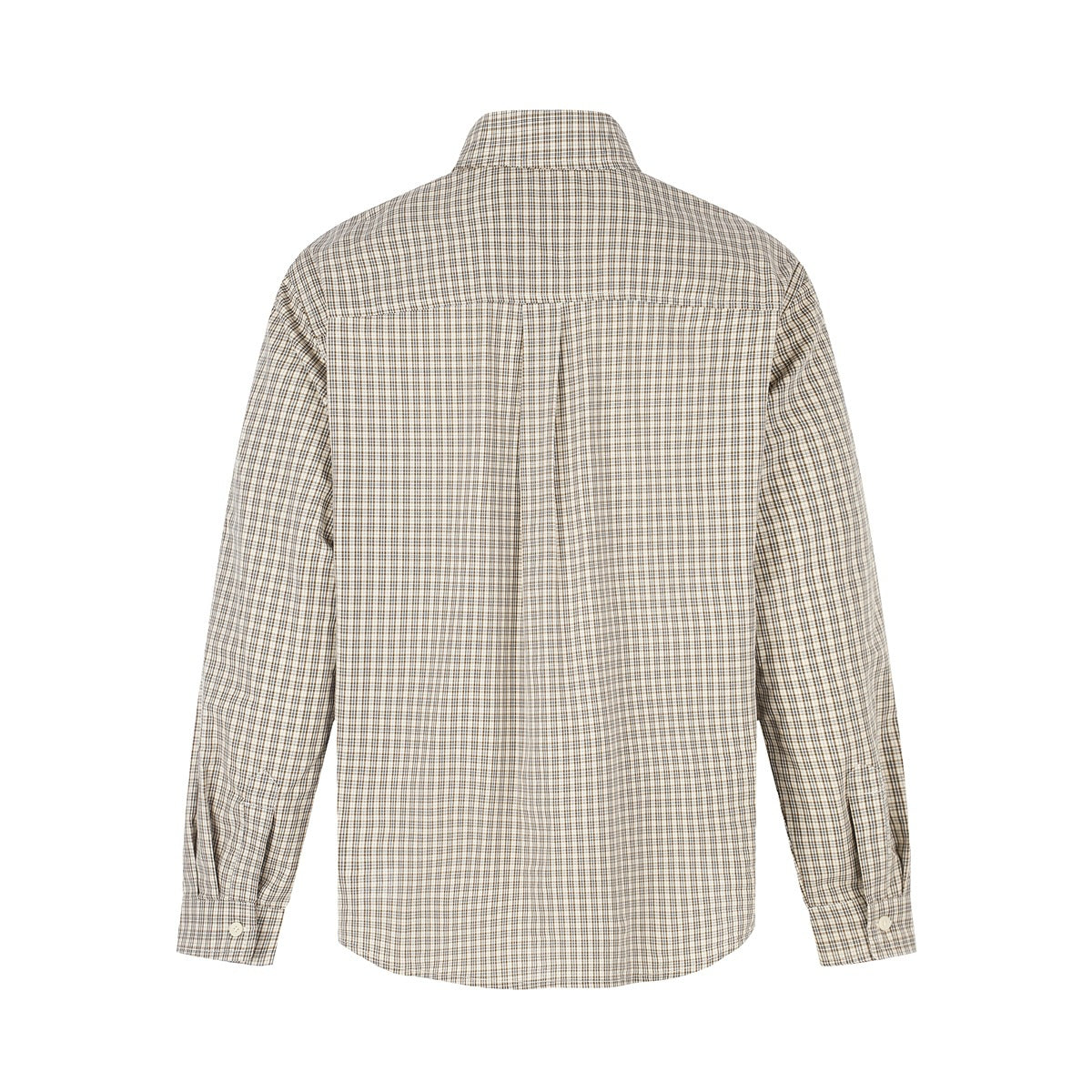 Back view of a beige and brown plaid long-sleeve button-up shirt with a center back pleat.
