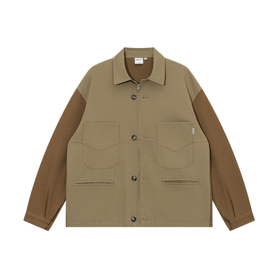Khaki collared jacket with brown ribbed sleeves, button front, two large chest pockets and lower welt pockets