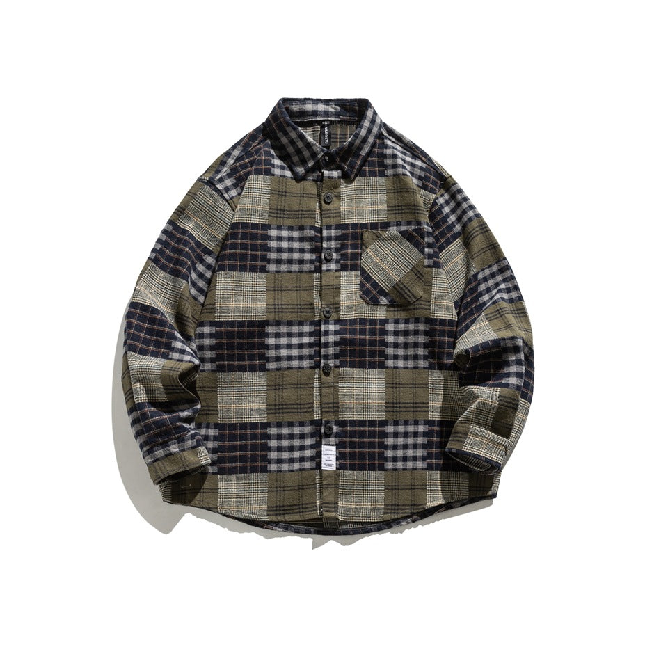 Olive, navy and cream patchwork plaid long-sleeve button-up shirt with chest pocket, laid flat