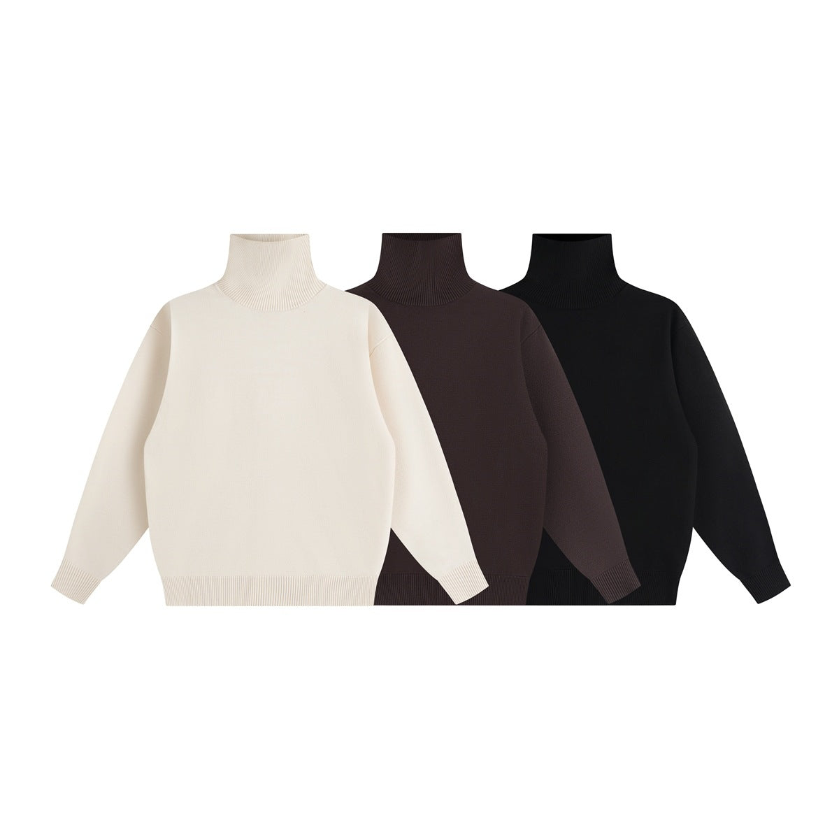 Three long-sleeved ribbed high-neck sweaters shown in cream, dark brown, and black.