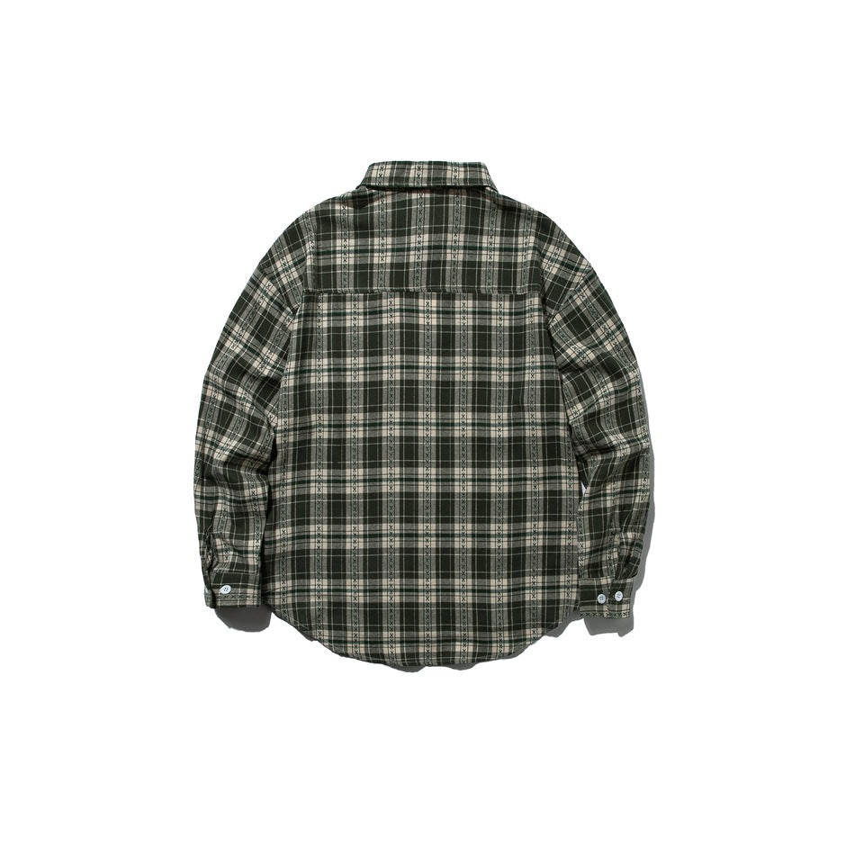 Back view of dark green and beige plaid button-up shirt with back yoke and buttoned cuffs, laid flat