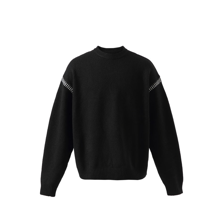 Black crew-neck knit sweater, front view, with light contrast stitching along the shoulder seams