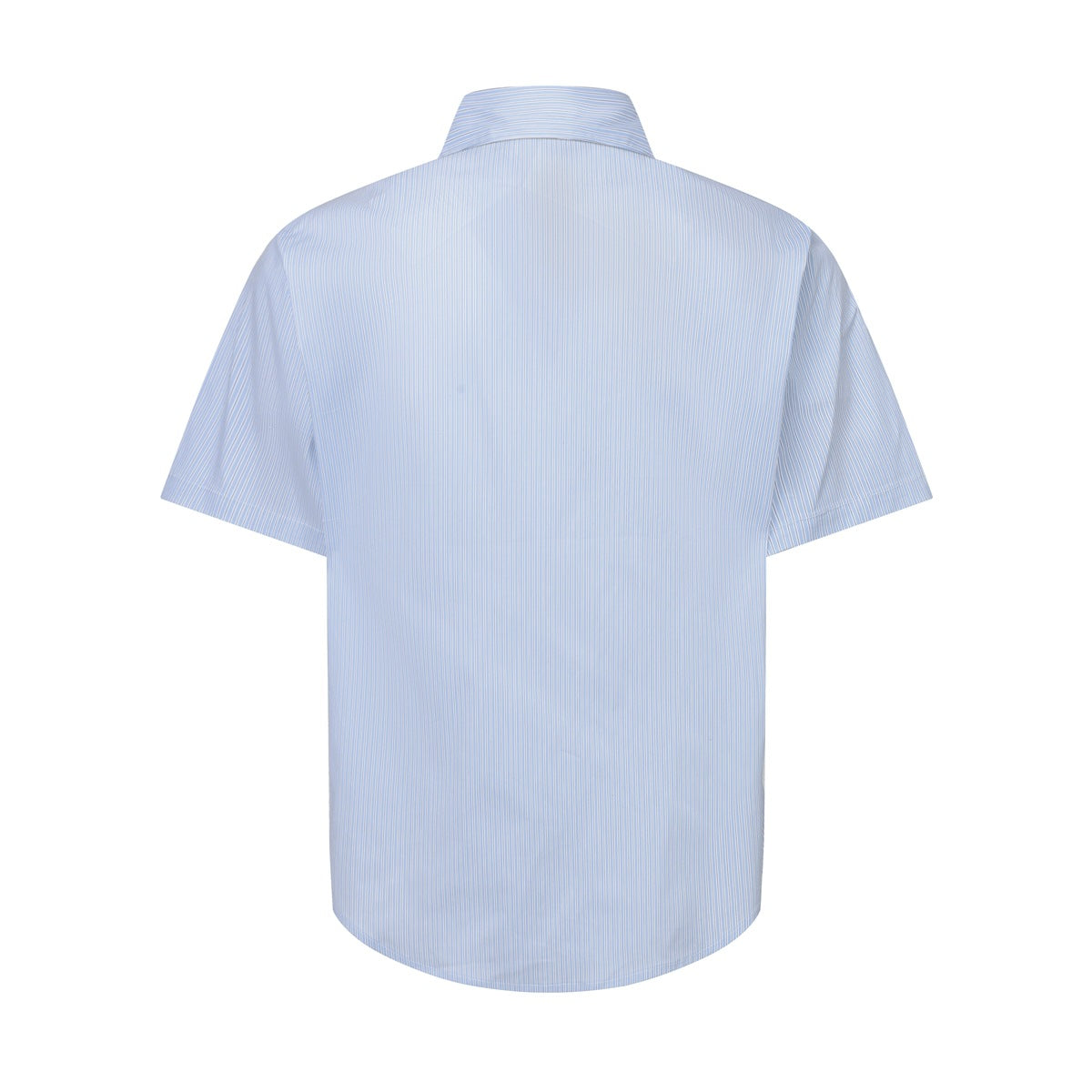 Back view of light blue striped short-sleeve shirt with pointed collar and curved hem on white background