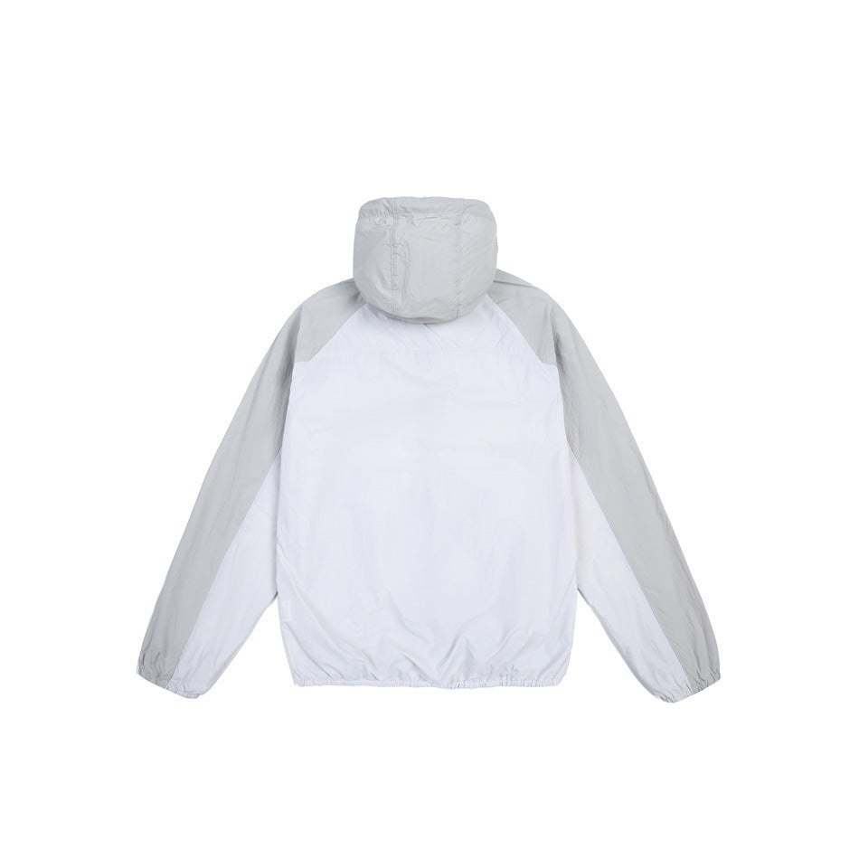 Back view of a white hooded jacket with light gray sleeves and hood, elastic cuffs, and hem.
