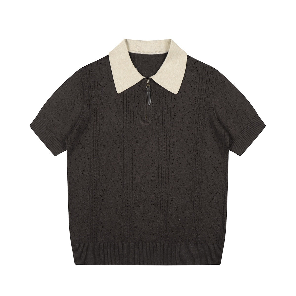 Brown knit polo with beige collar, quarter zip and openwork cable pattern, flat front view
