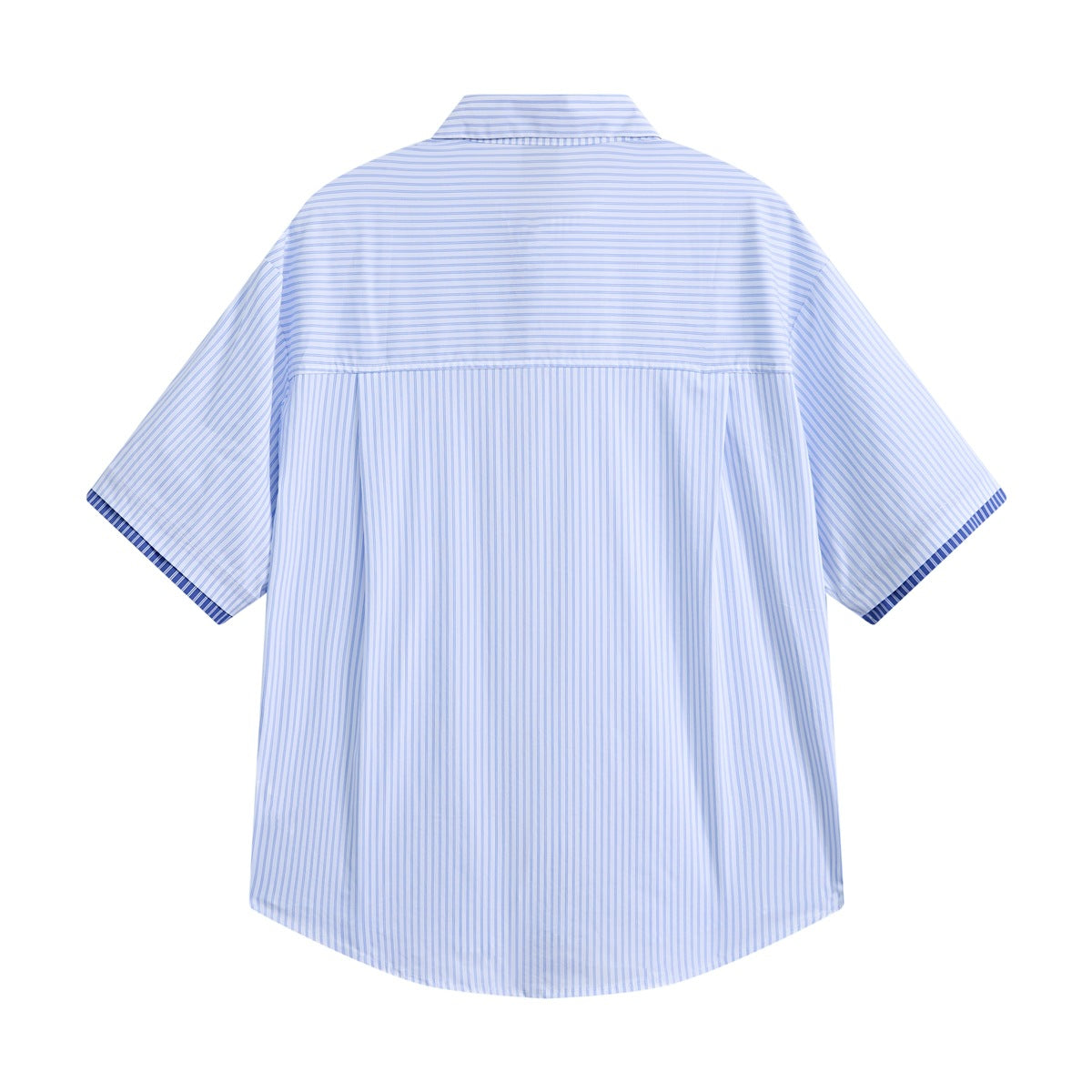 Back view of light blue striped short-sleeve shirt with horizontal-striped yoke and darker blue striped sleeve hems