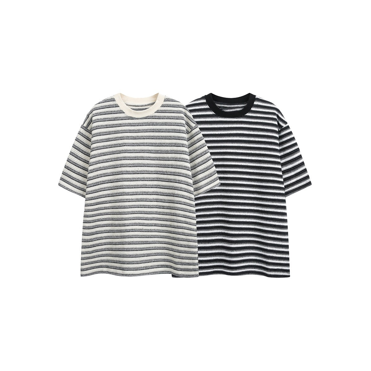 Two short-sleeve striped crew-neck shirts shown from the front: one cream and gray, one black and white.