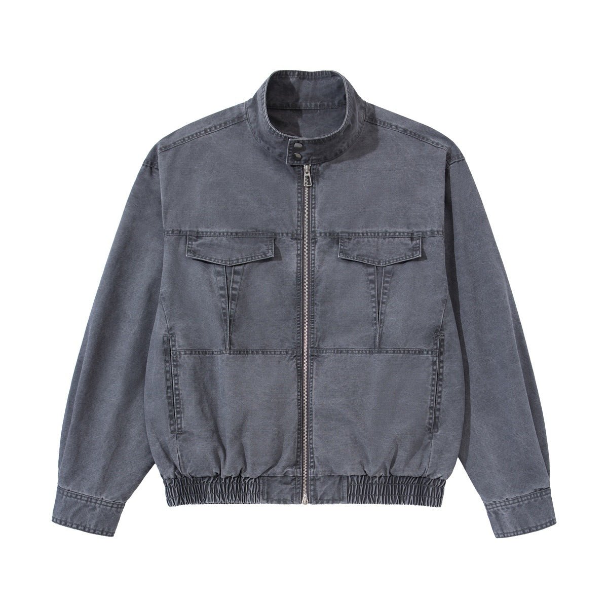 Gray-blue washed zip-front jacket with stand collar, chest flap pockets and elastic hem, flat front view