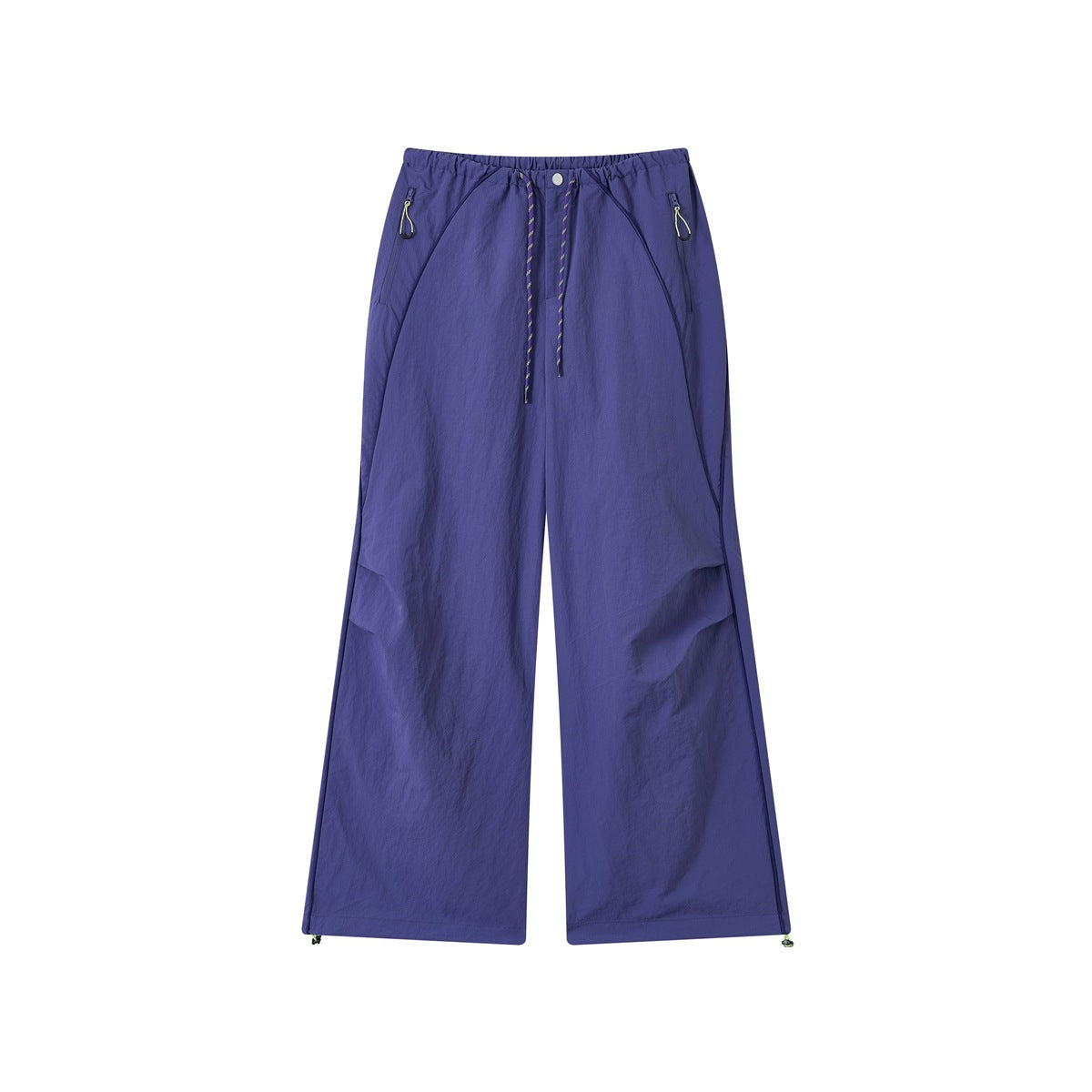Purple wide-leg pants with elastic drawcord waist, curved piping, zip pockets and hem toggles, front flat lay