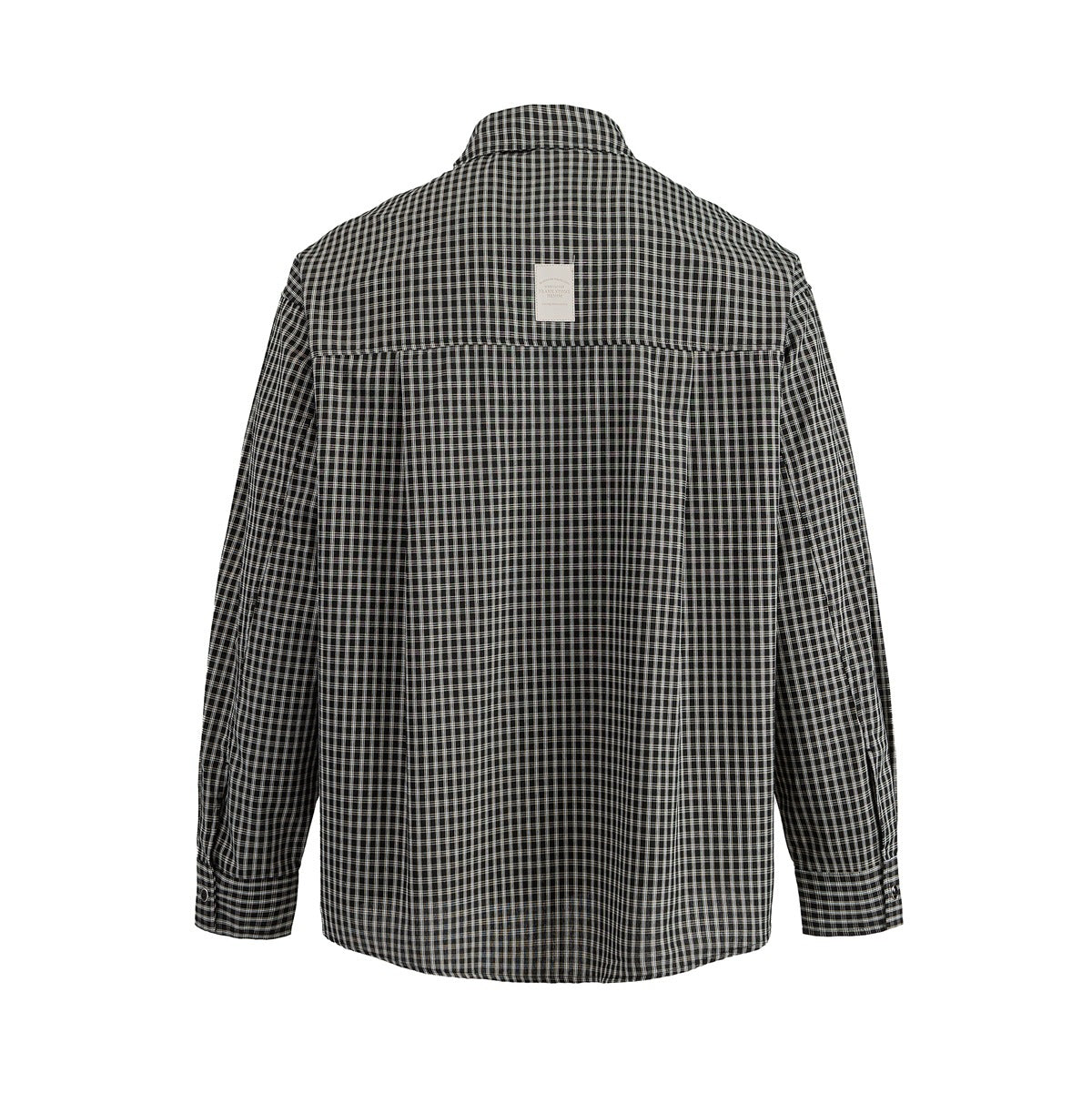 Back view of a black plaid long-sleeve button-up shirt against a white background.