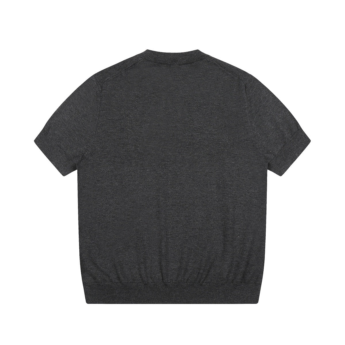 Back view of a charcoal short-sleeve knit top with ribbed collar, cuffs, and hem.